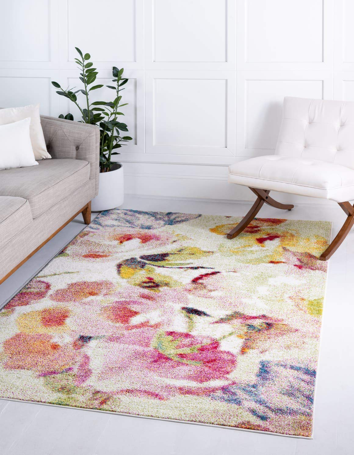 Unique Loom Lyon Collection Modern Watercolor Floral Area Rug, 9 x 12 ft, Ivory/Pink