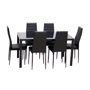 IDS Home 7 Piece Glass Dining Table and Chair Set for 6 Kitchen Dining Room Furniture Rust Resistant Metal Leg Frame Black