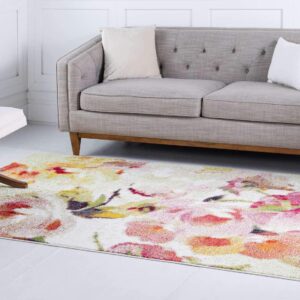 Unique Loom Lyon Collection Modern Watercolor Floral Area Rug, 9 x 12 ft, Ivory/Pink