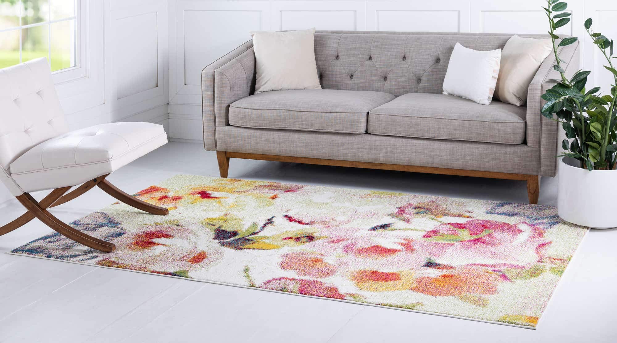 Unique Loom Lyon Collection Modern Watercolor Floral Area Rug, 9 x 12 ft, Ivory/Pink