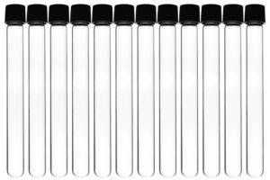 eisco 12pk test tubes, 20ml - bakelite screw cap with rubber liner - borosilicate 3.3 glass - 5.9" x 0.6" - round bottom - leak proof