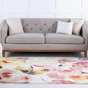 Unique Loom Lyon Collection Modern Watercolor Floral Area Rug, 9 x 12 ft, Ivory/Pink