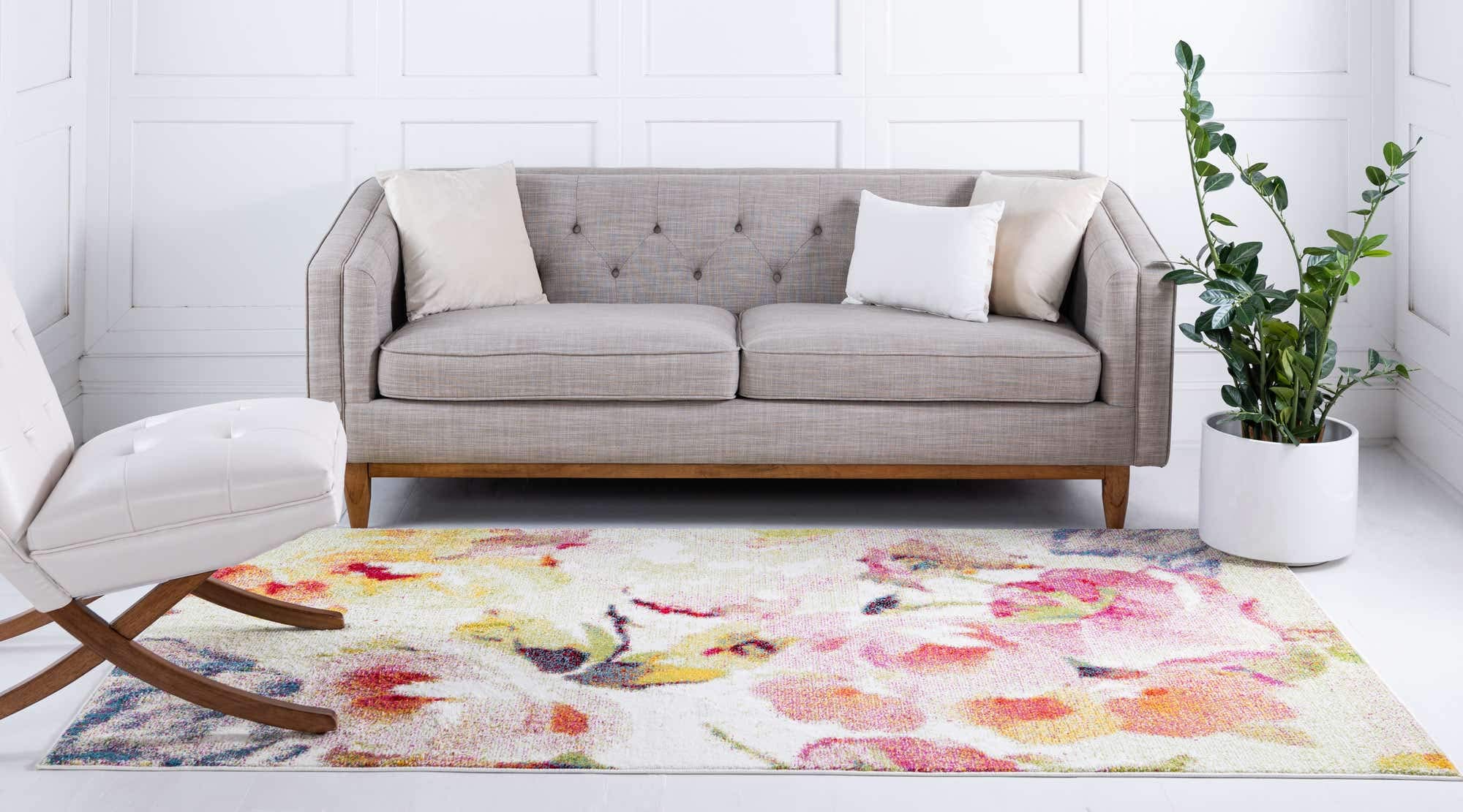 Unique Loom Lyon Collection Modern Watercolor Floral Area Rug, 9 x 12 ft, Ivory/Pink