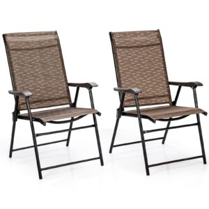 tangkula set of 2 outdoor patio chair space saving stackable portable steel frame lawn poolside backyard folding chairs with armrest & footrest commercial party home use modern sling chairs