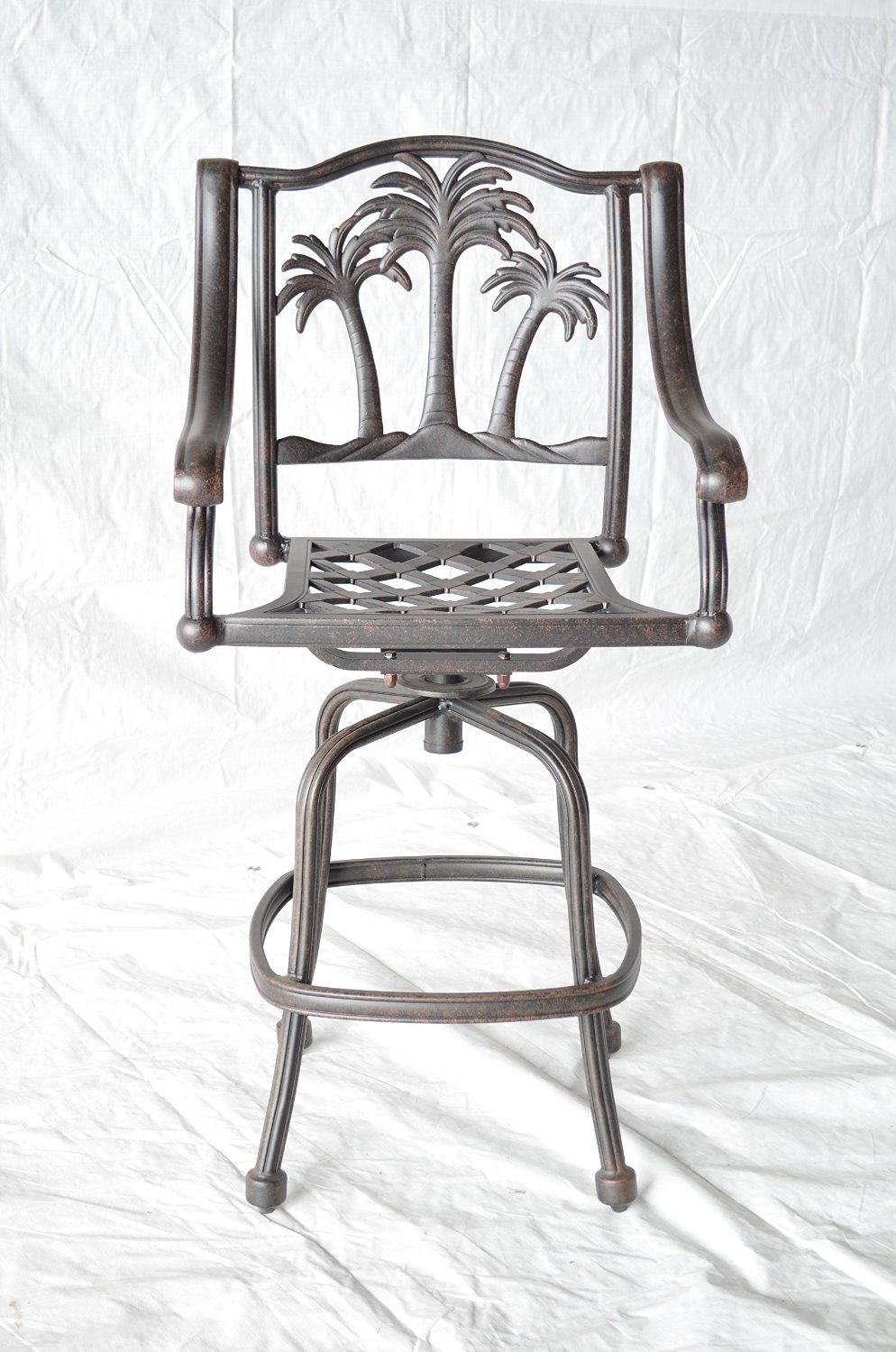 Palm Tree Outdoor Patio Set 6pc Swivel Barstools 30" H Dark Bronze Cast Aluminum, Walnut Cushions