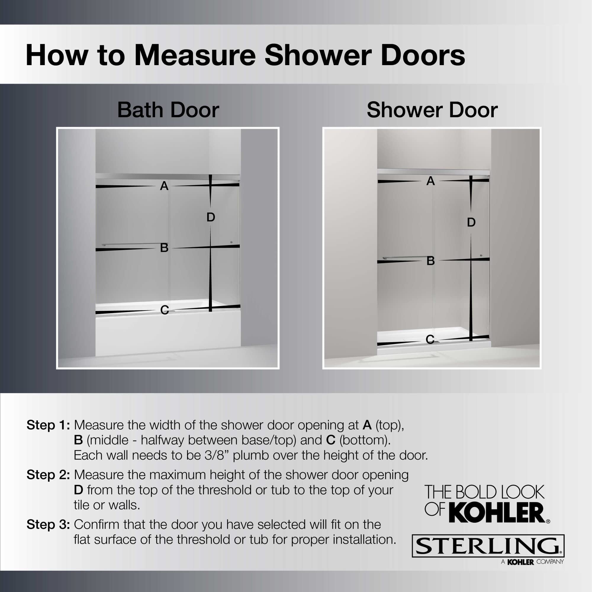 KOHLER sliding bath door, 62"H x 56-5/8 – 59-5/8"W, with 5/16" thick Crystal Clear glass