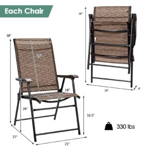 Tangkula Set of 2 Outdoor Patio Chair Space Saving Stackable Portable Steel Frame Lawn Poolside Backyard Folding Chairs with Armrest & Footrest Commercial Party Home Use Modern Sling Chairs