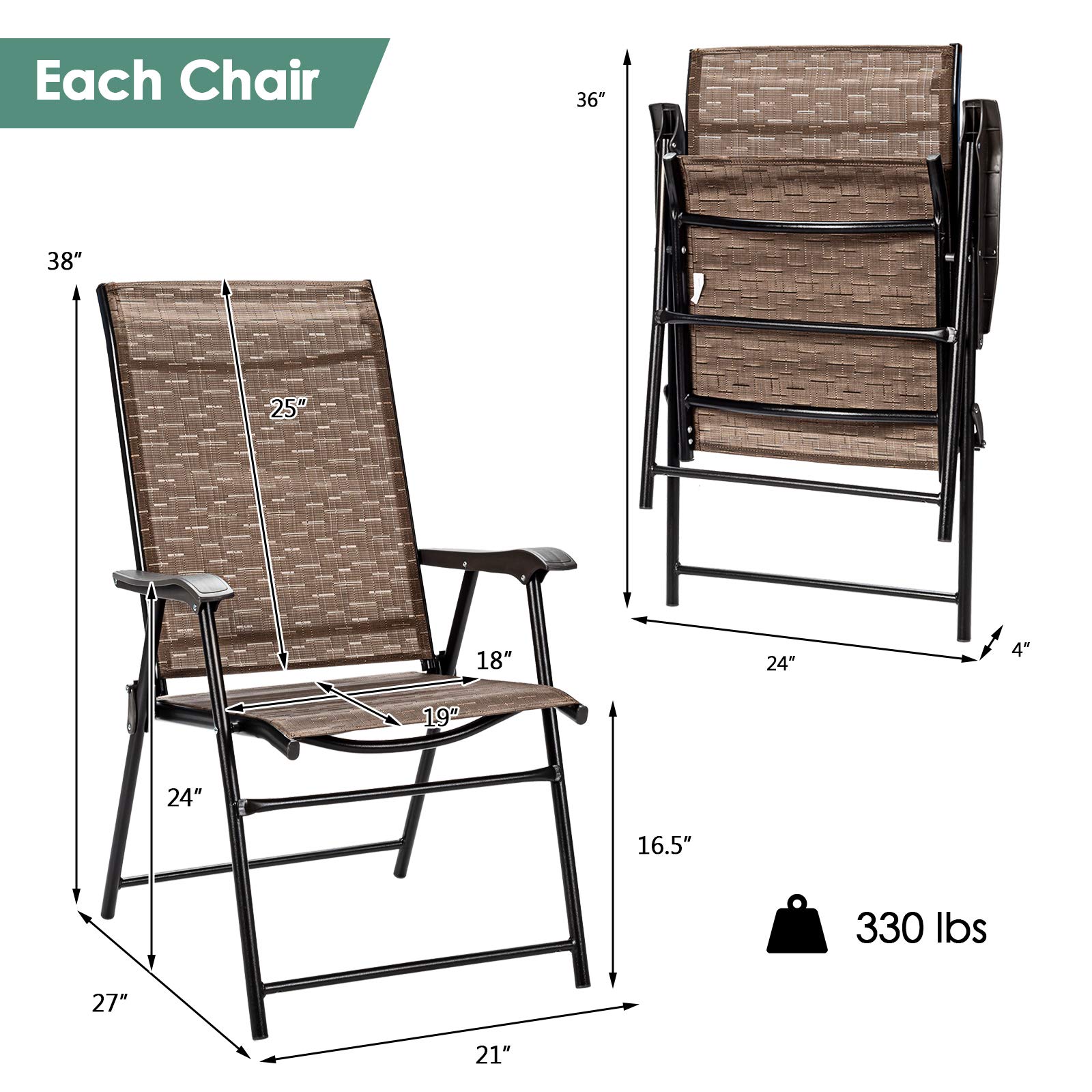 Tangkula Set of 2 Outdoor Patio Chair Space Saving Stackable Portable Steel Frame Lawn Poolside Backyard Folding Chairs with Armrest & Footrest Commercial Party Home Use Modern Sling Chairs