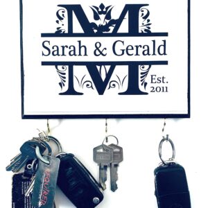 Personalized Key Holder for Wall - Custom Key Hanger with Family or Couple's Name | Vinyl or Laser Engraved Options | Natural Wood Key Rack | Made in USA.