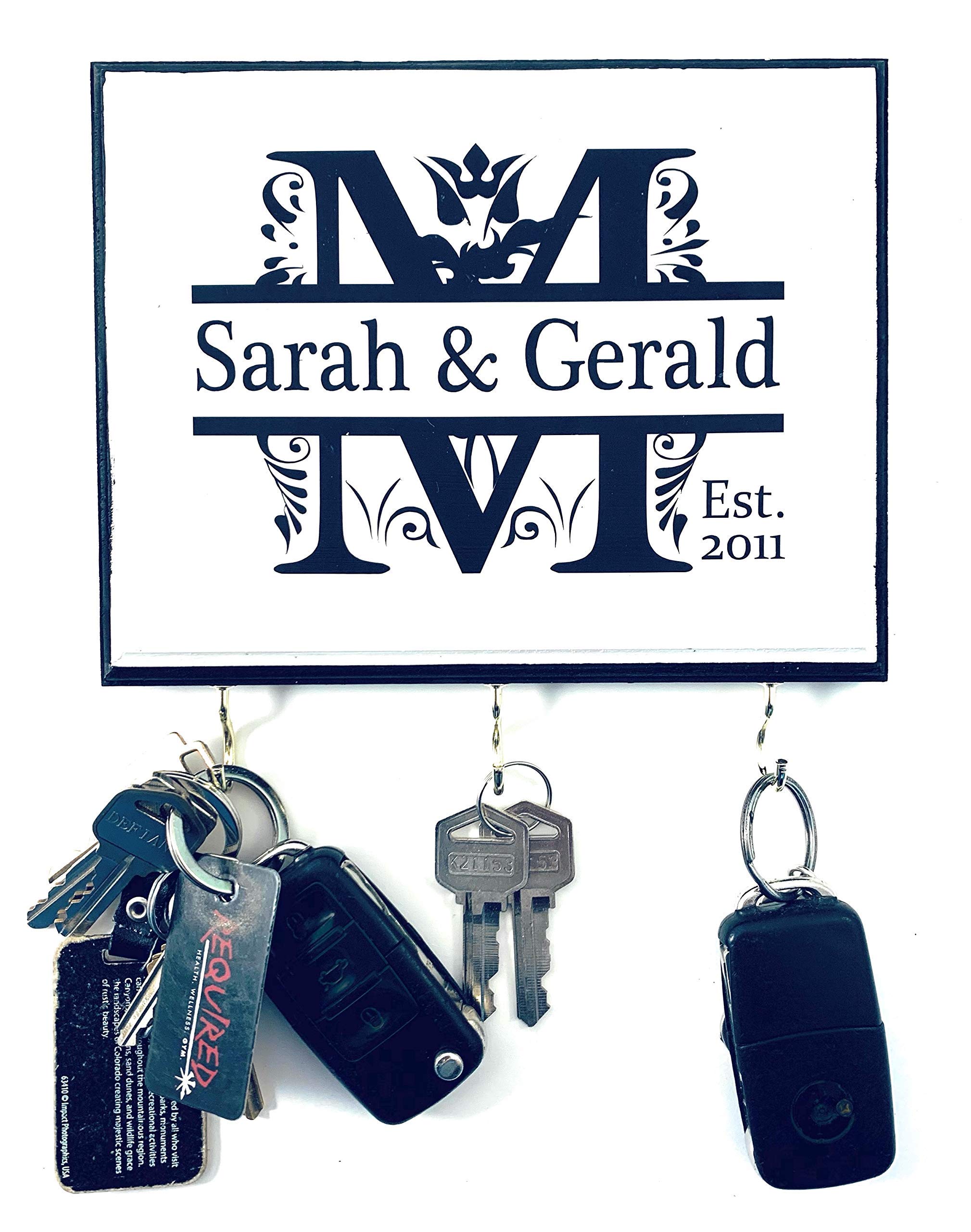 Personalized Key Holder for Wall - Custom Key Hanger with Family or Couple's Name | Vinyl or Laser Engraved Options | Natural Wood Key Rack | Made in USA.