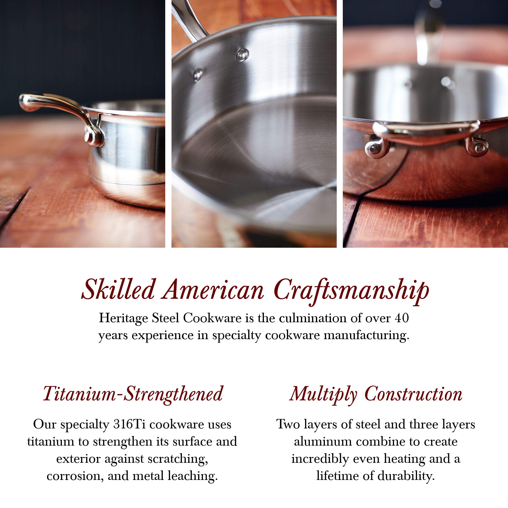 Heritage Steel 5 Quart Sauteuse Pan with Lid - Titanium Strengthened 316Ti Stainless Steel with 5-Ply Construction - Induction-Ready and Fully Clad, Made in USA