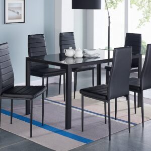 IDS Home 7 Piece Glass Dining Table and Chair Set for 6 Kitchen Dining Room Furniture Rust Resistant Metal Leg Frame Black