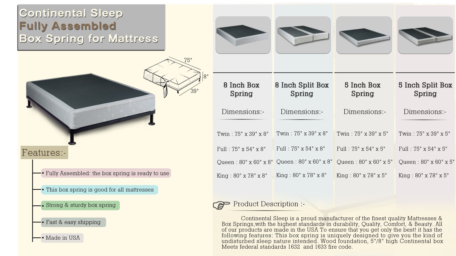 Continental Sleep 4-Inch Wood Split Low Profile Traditional Box Spring/Foundation for Mattress Set, Queen, Beige