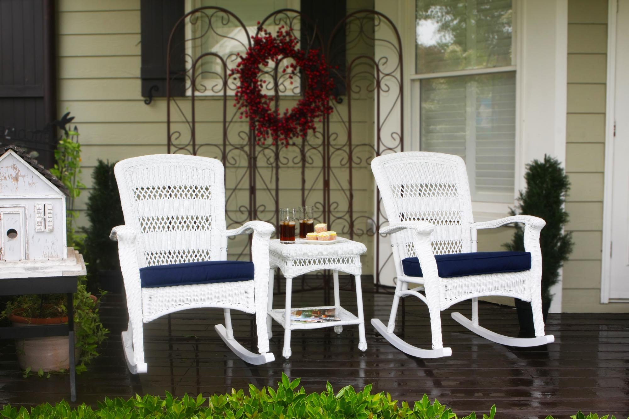 Tortuga Outdoor 3 Piece Portside Plantation Rocking Chair rockers with 1 side table (Set of 2), White Coastal