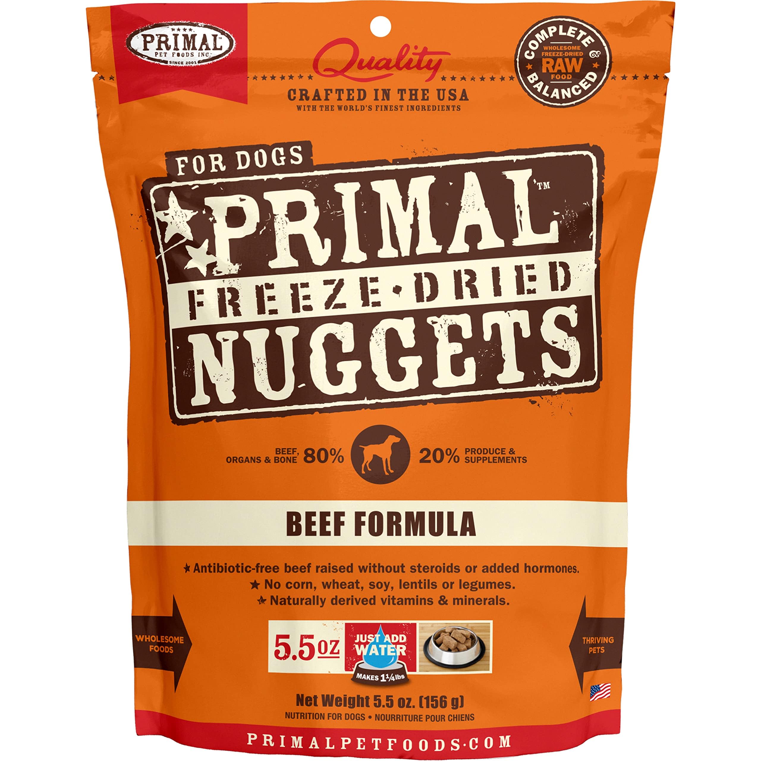 Primal Freeze Dried Raw Dog Food Nuggets, Beef, Complete & Balanced Meal, Also Use as Topper or Treat, Premium, Healthy, Grain Free, High Protein Raw Dog Food, 5.5 oz