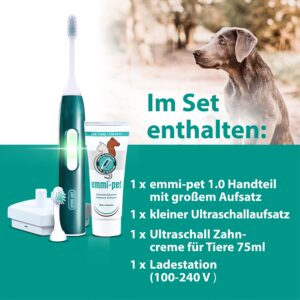 Emmi-pet Electric ultrasonic Toothbrush Set 1.0 for Pets. 100% Ultrasound deep-Cleans Completely Silently, Without Vibrations and Pain-Free. Fights Plaque, Gum Disease and Bad Breath. Rechargeable.