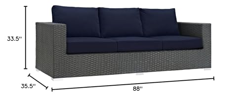 Modway Sojourn Wicker Rattan Outdoor Patio Sunbrella Fabric Sofa in Canvas Navy