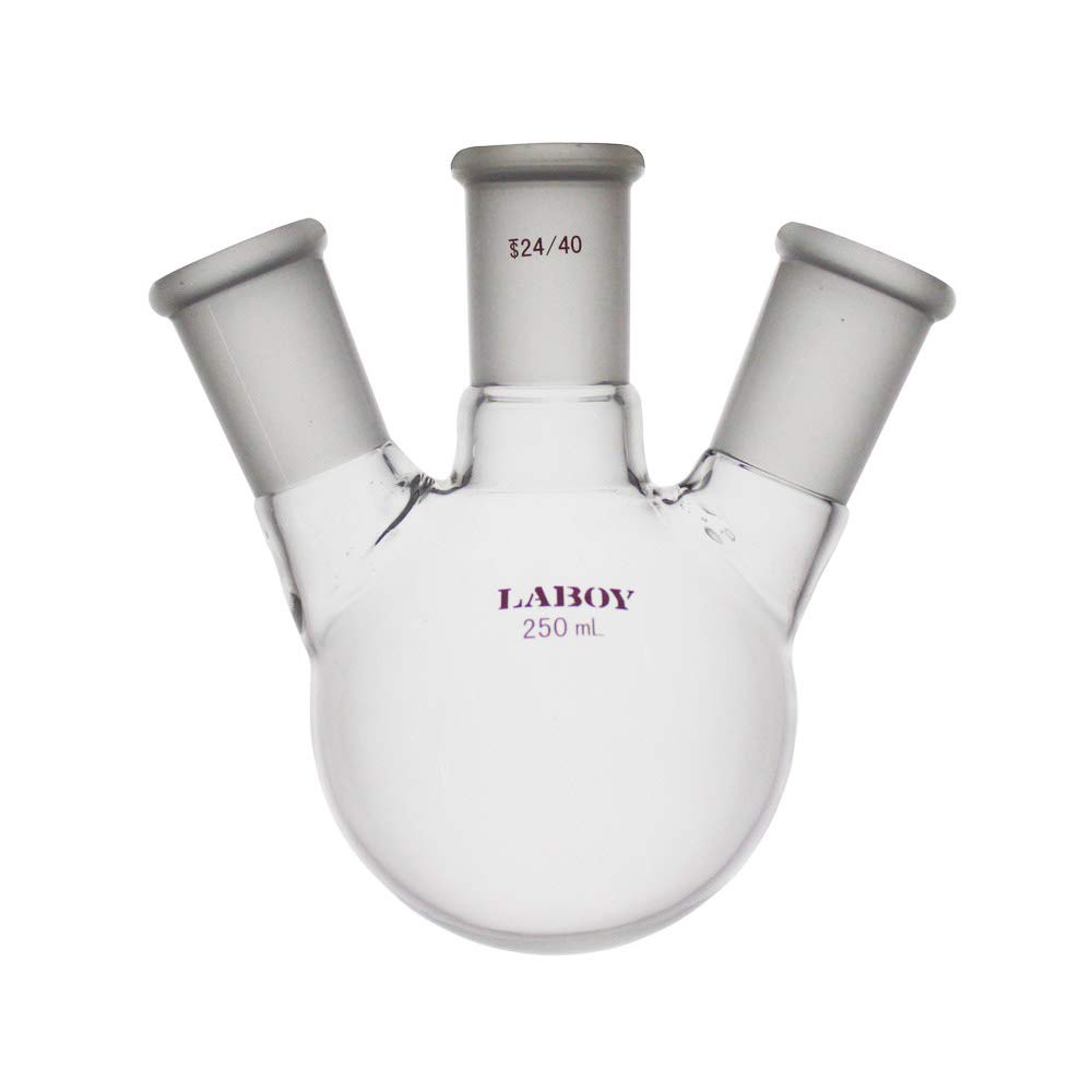 Laboy Glass 250mL 3 Neck Round Bottom Boiling Flask with 24/40 Center Joint & Side Joints Angled Distilling Receiving Reflux Flask Multi Neck Distillation Apparatus Organic Chemistry Lab Glassware