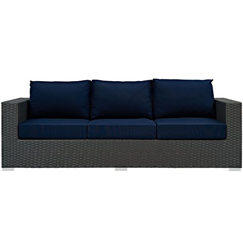 Modway Sojourn Wicker Rattan Outdoor Patio Sunbrella Fabric Sofa in Canvas Navy