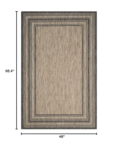 SAFAVIEH Courtyard Collection 4' x 5'7" Natural / Black CY8475 Indoor/ Outdoor Waterproof Easy-Cleaning Patio Backyard Mudroom Accent-Rug