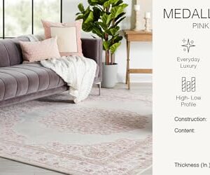 Jaipur Living Fables Collection 5' x 7'6" Small Area Rug with Medallion Design and Scrolling Border, Soft Power-Loomed Bohemian Rug for Bedrooms and Living Rooms, Pink/White