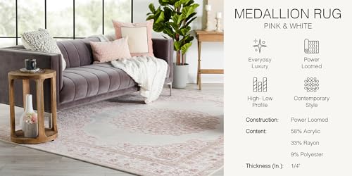 Jaipur Living Fables Collection 5' x 7'6" Small Area Rug with Medallion Design and Scrolling Border, Soft Power-Loomed Bohemian Rug for Bedrooms and Living Rooms, Pink/White