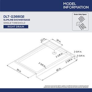 DreamLine SlimLine 36 in. D x 60 in. W x 2 3/4 in. H Right Drain Single Threshold Shower Base in Biscuit, DLT-1136602-22