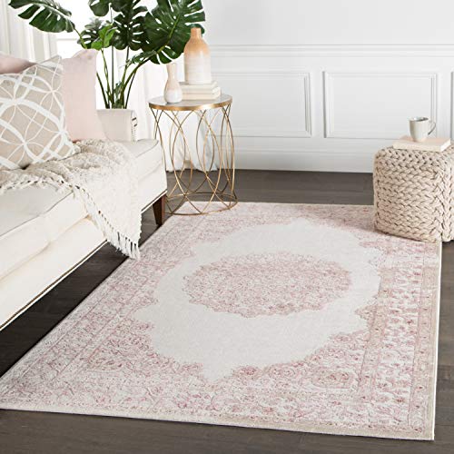 Jaipur Living Fables Collection 5' x 7'6" Small Area Rug with Medallion Design and Scrolling Border, Soft Power-Loomed Bohemian Rug for Bedrooms and Living Rooms, Pink/White