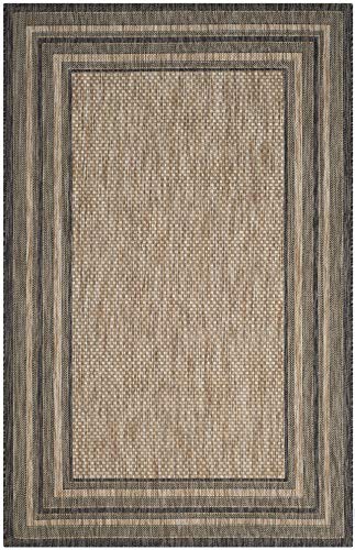 SAFAVIEH Courtyard Collection 4' x 5'7" Natural / Black CY8475 Indoor/ Outdoor Waterproof Easy-Cleaning Patio Backyard Mudroom Accent-Rug