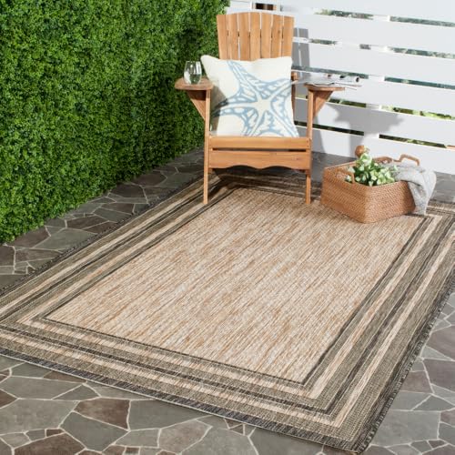 SAFAVIEH Courtyard Collection 4' x 5'7" Natural / Black CY8475 Indoor/ Outdoor Waterproof Easy-Cleaning Patio Backyard Mudroom Accent-Rug