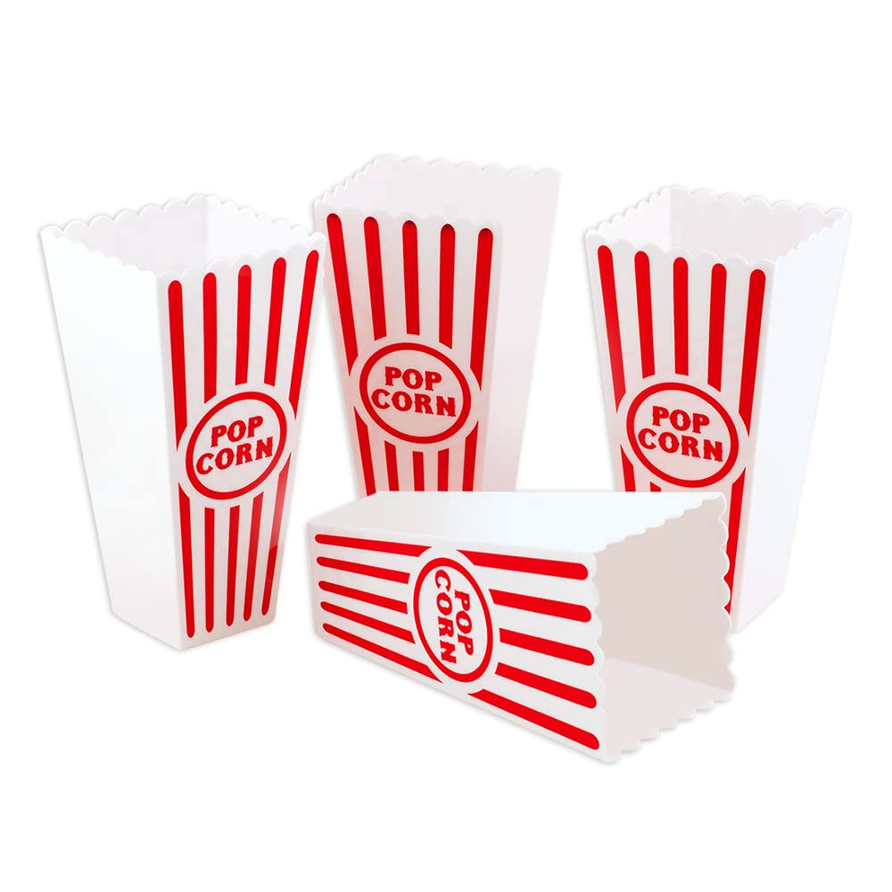 NOVELTY PLACE Plastic Red & White Striped Classic Popcorn Containers for Movie Night - 7.8" Tall x 3.8" Square (8 Pack)