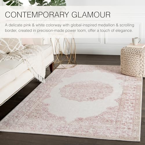 Jaipur Living Fables Collection 5' x 7'6" Small Area Rug with Medallion Design and Scrolling Border, Soft Power-Loomed Bohemian Rug for Bedrooms and Living Rooms, Pink/White