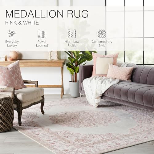 Jaipur Living Fables Collection 5' x 7'6" Small Area Rug with Medallion Design and Scrolling Border, Soft Power-Loomed Bohemian Rug for Bedrooms and Living Rooms, Pink/White