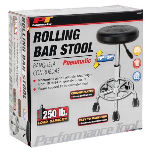 Performance Tool W85027 Adjustable (19 - 24 Inch) Pneumatic Rolling Bar Stool, 250 Lbs Capacity