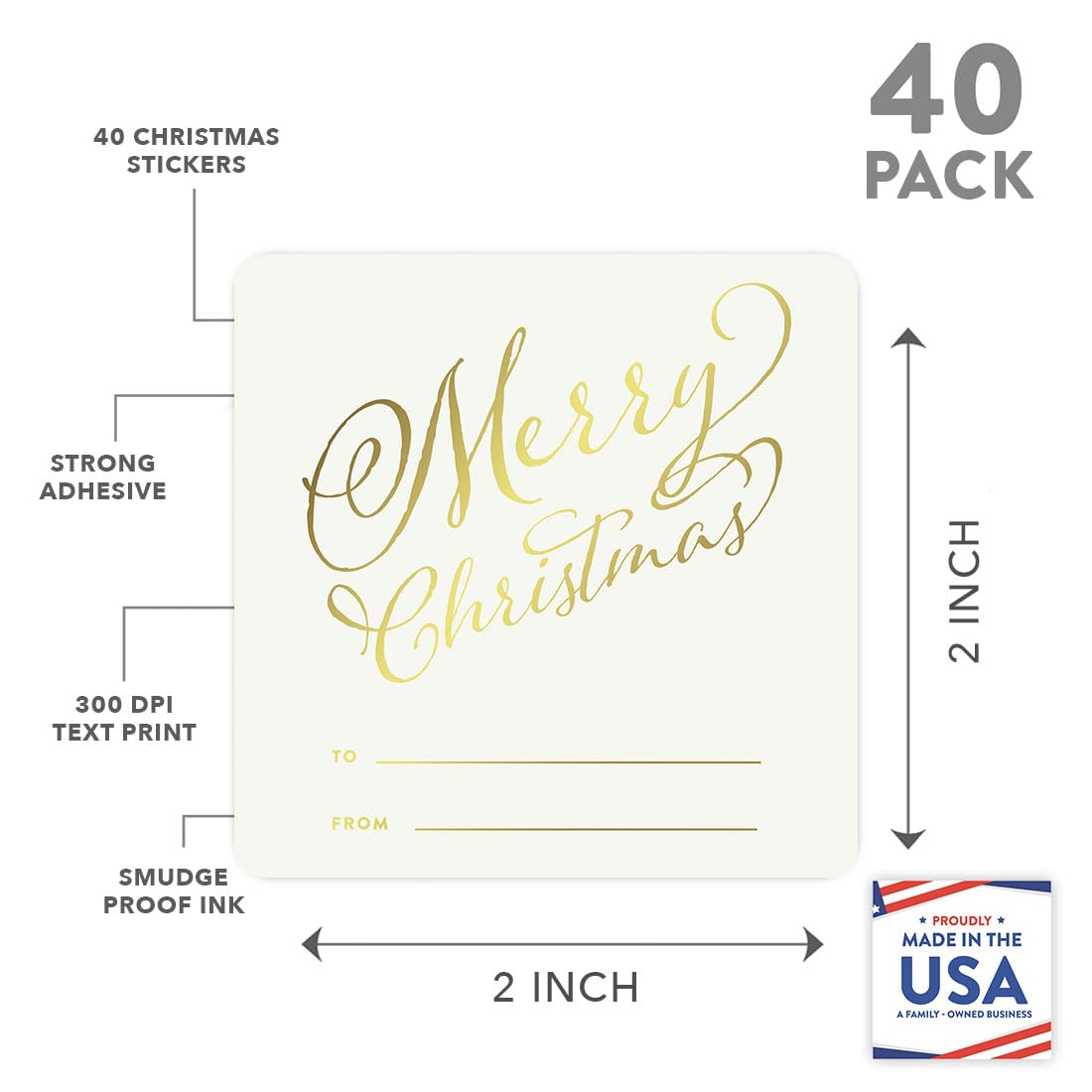 Andaz Press Christmas Collection, Square Gift Label Stickers, Stylized Merry Christmas to from, Metallic Gold Ink, 40-Pack Gold Christmas Tags Christmas Name Tags Stickers Christmas Sticker Tags