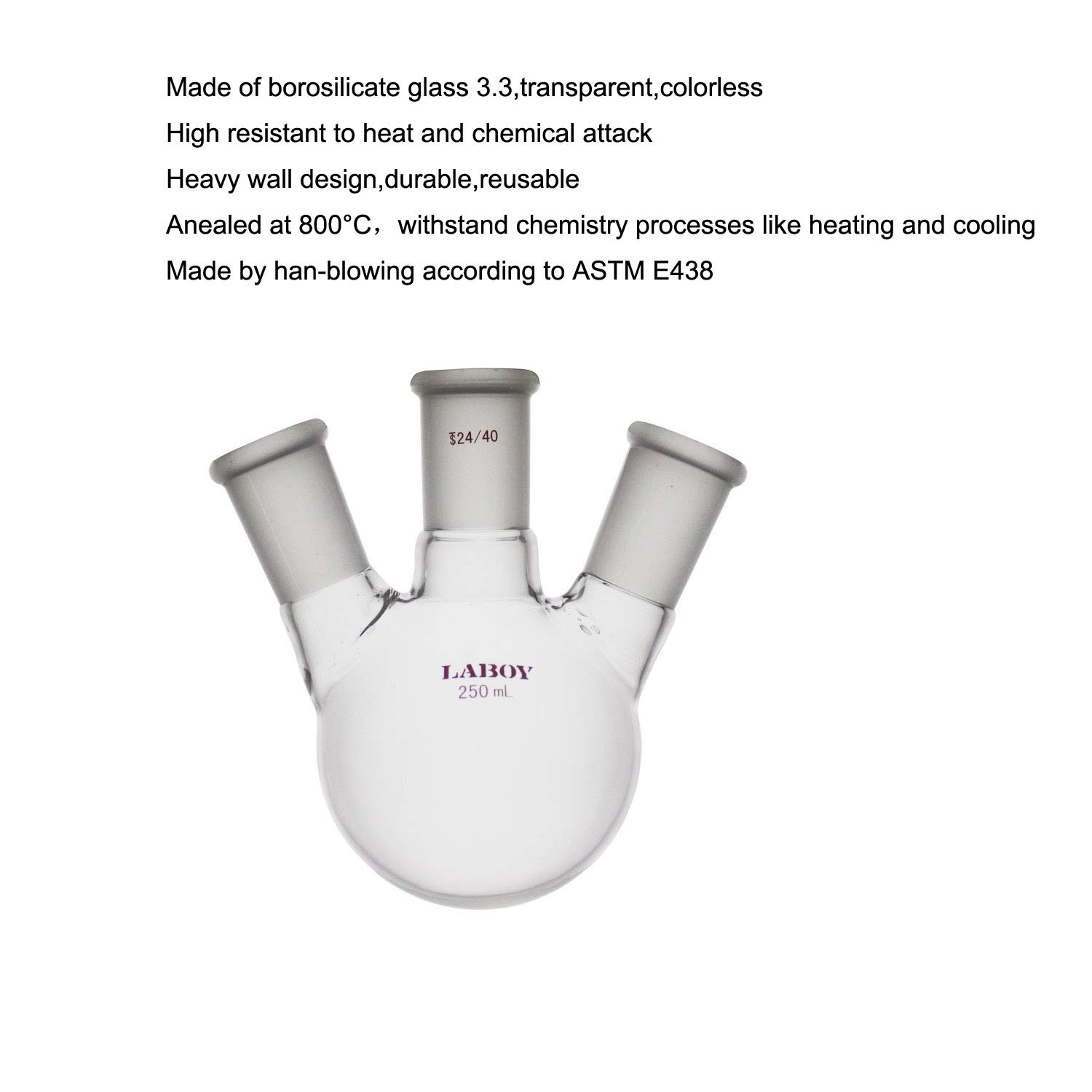 Laboy Glass 250mL 3 Neck Round Bottom Boiling Flask with 24/40 Center Joint & Side Joints Angled Distilling Receiving Reflux Flask Multi Neck Distillation Apparatus Organic Chemistry Lab Glassware