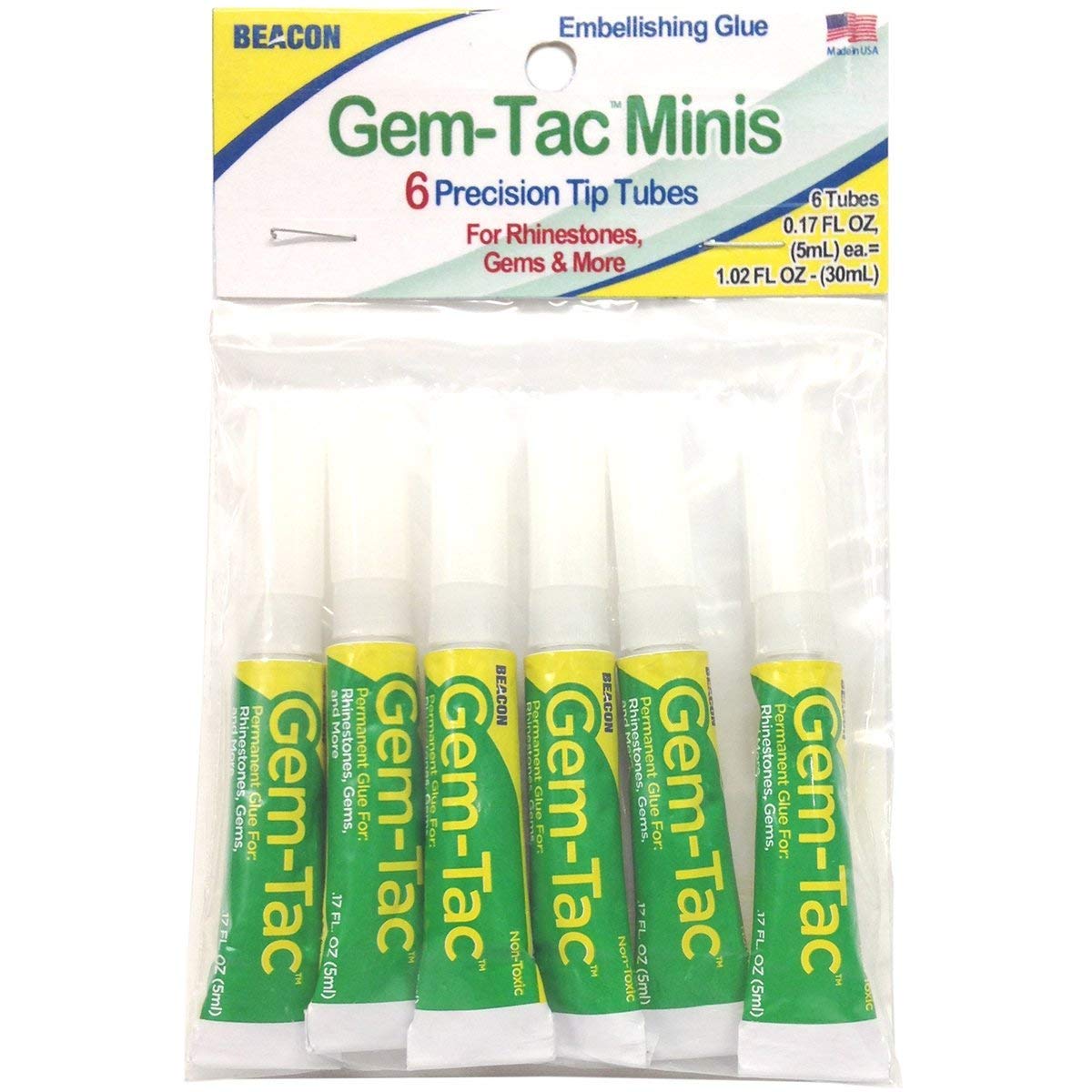 BEACON Gem-Tac Premium Quality Adhesive for Securely Bonding Rhinestones and Gems - Water-Based, UVA Resistant, 6 Tube Bag, 1-Pack