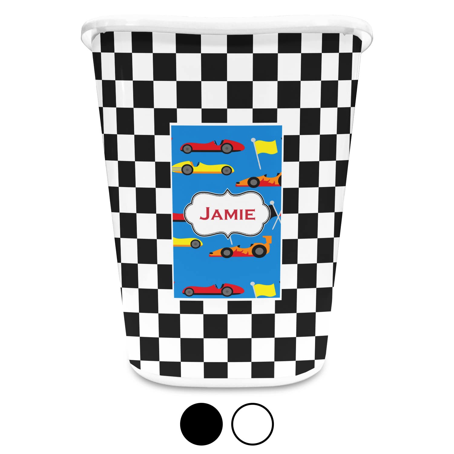 RNK Shops Personalized Checkers & Racecars Waste Basket - Single Sided (Black)