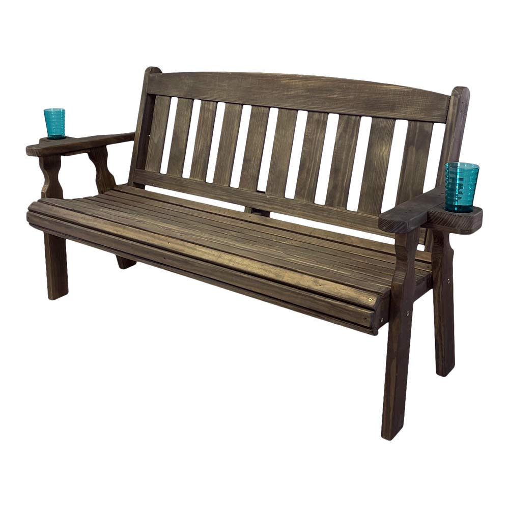 Amish Casual Heavy Duty 800 Lb Mission Pressure Treated Garden Bench with Cupholders (5 Foot, Dark Walnut Stain)