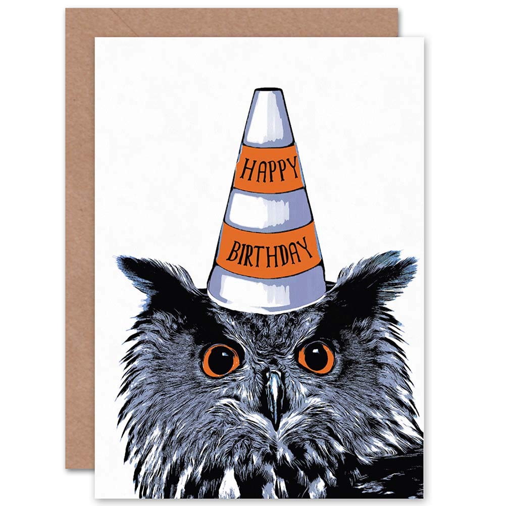 Wee Blue Coo Happy Birthday Owl Traffic Cone Hat Fun Gift Sealed Greeting Card Plus Envelope Blank inside