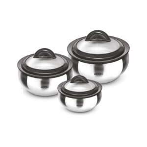 Milton Casserole with Glass Lid Set of 3 for Hot Food, Insulated Hot Pot, Stainless Steel, Serving Box (bowl, dish) for Food and Roti, Sizes 19 oz, 41 oz and 66 oz, Clarion