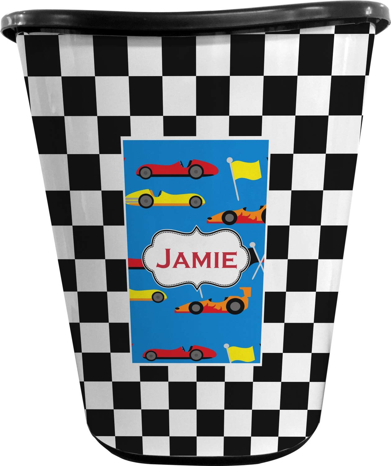 RNK Shops Personalized Checkers & Racecars Waste Basket - Single Sided (Black)