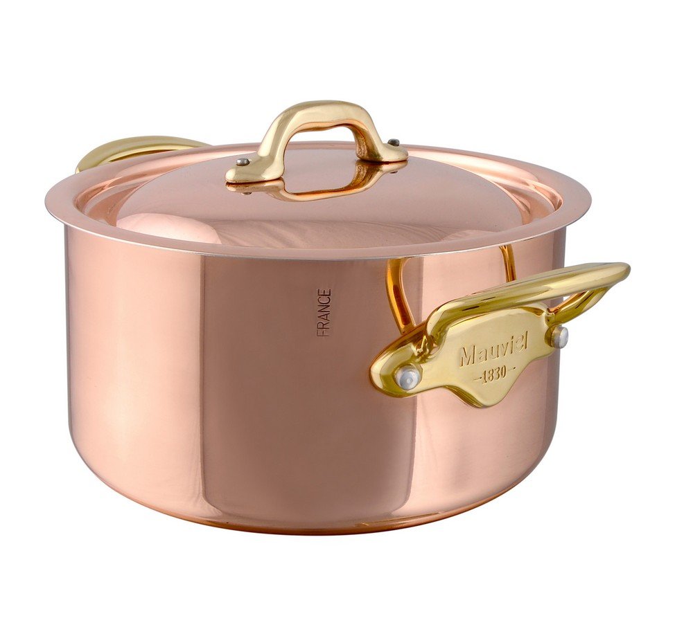 Mauviel M'150 B 1.5mm Polished Copper & Stainless Steel Stewpan With Lid, And Brass Handles, 1.8-qt, Made in France