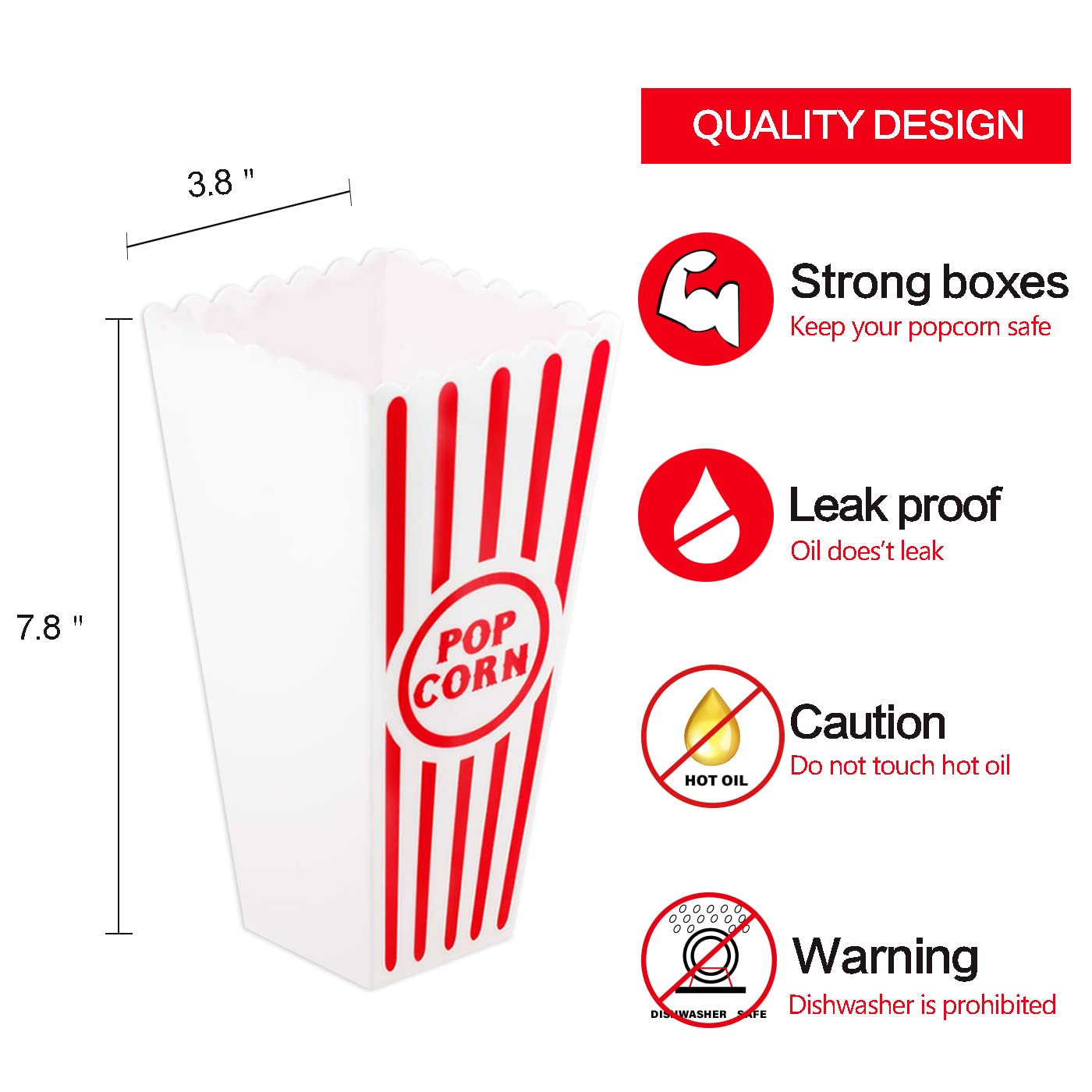 NOVELTY PLACE Plastic Red & White Striped Classic Popcorn Containers for Movie Night - 7.8" Tall x 3.8" Square (8 Pack)