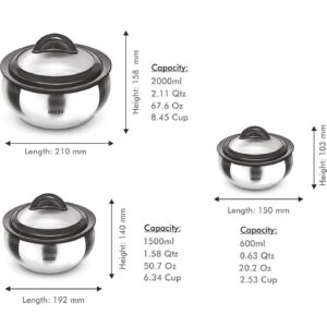 Milton Casserole with Glass Lid Set of 3 for Hot Food, Insulated Hot Pot, Stainless Steel, Serving Box (bowl, dish) for Food and Roti, Sizes 19 oz, 41 oz and 66 oz, Clarion