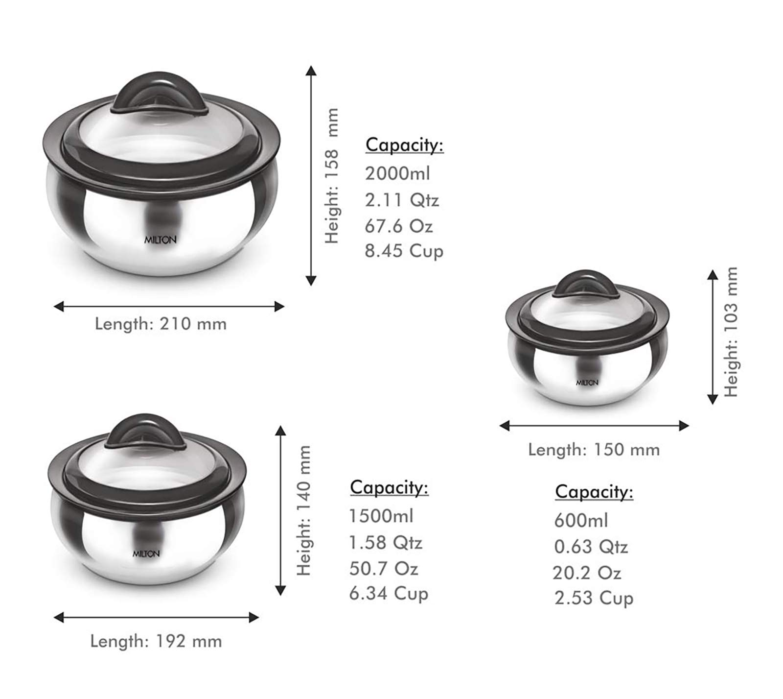 Milton Casserole with Glass Lid Set of 3 for Hot Food, Insulated Hot Pot, Stainless Steel, Serving Box (bowl, dish) for Food and Roti, Sizes 19 oz, 41 oz and 66 oz, Clarion