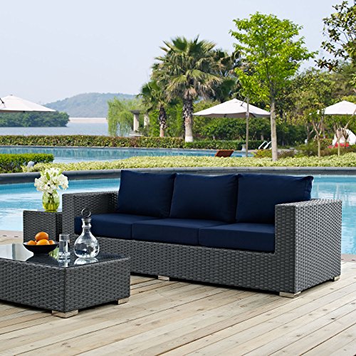 Modway Sojourn Wicker Rattan Outdoor Patio Sunbrella Fabric Sofa in Canvas Navy