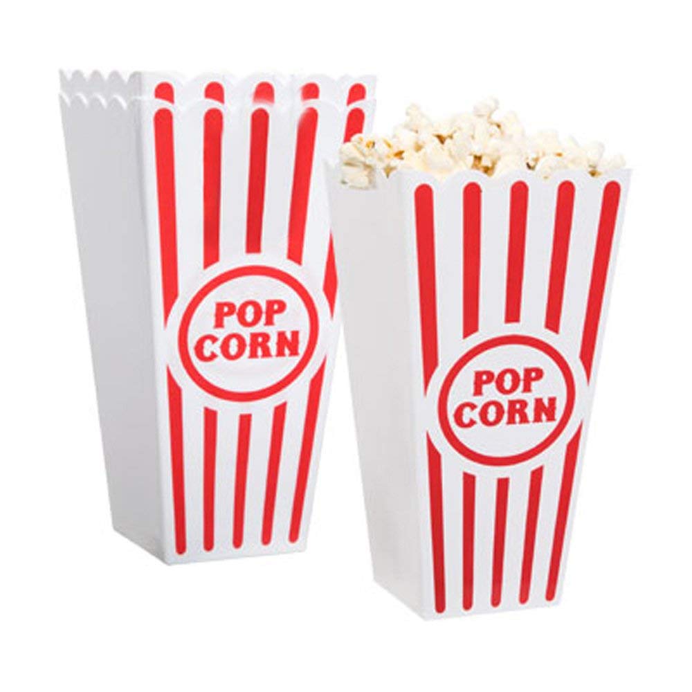 NOVELTY PLACE Plastic Red & White Striped Classic Popcorn Containers for Movie Night - 7.8" Tall x 3.8" Square (8 Pack)