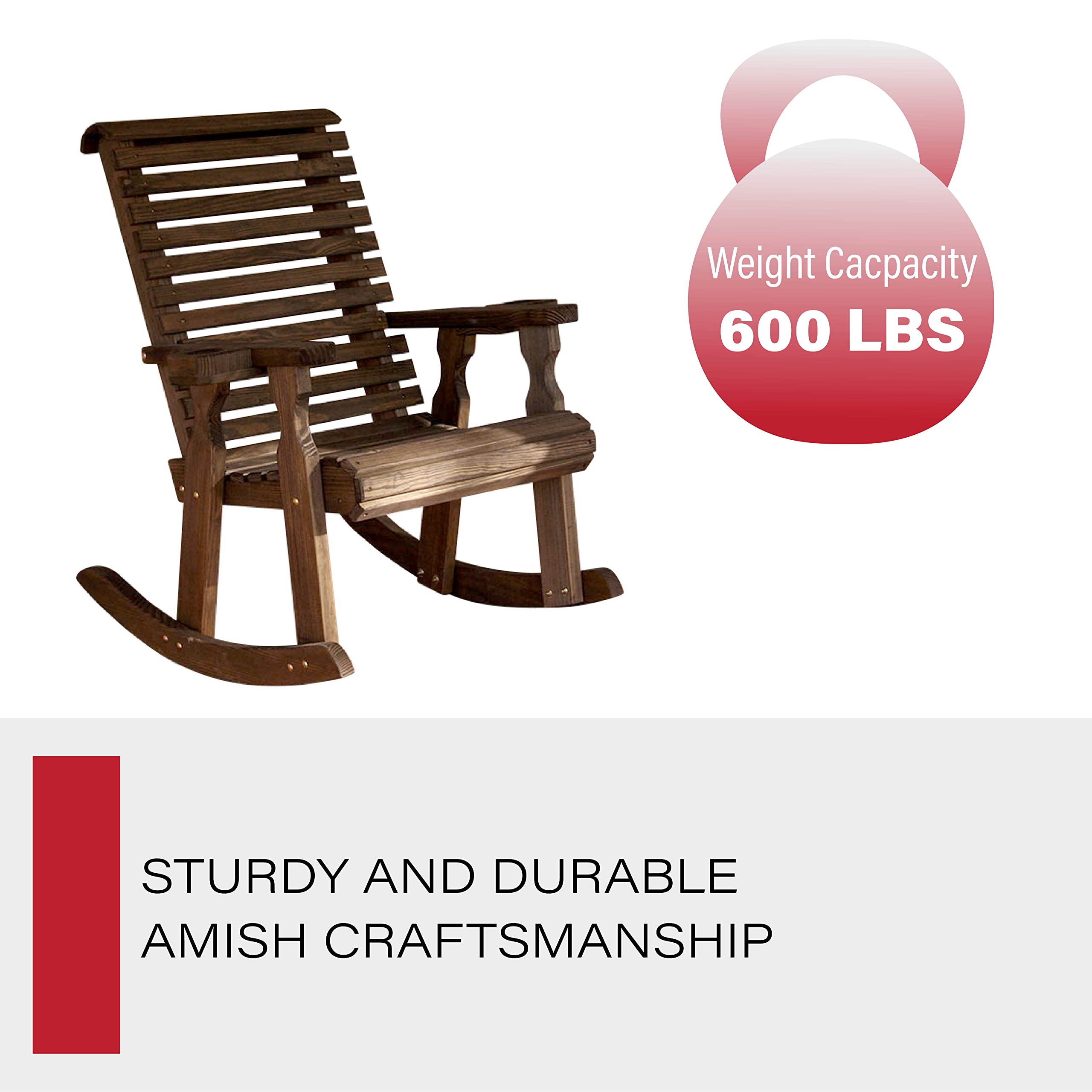 Amish Heavy Duty 600 Lb Roll Back Pressure Treated Rocking Chair with Cupholders (Dark Walnut Stain)