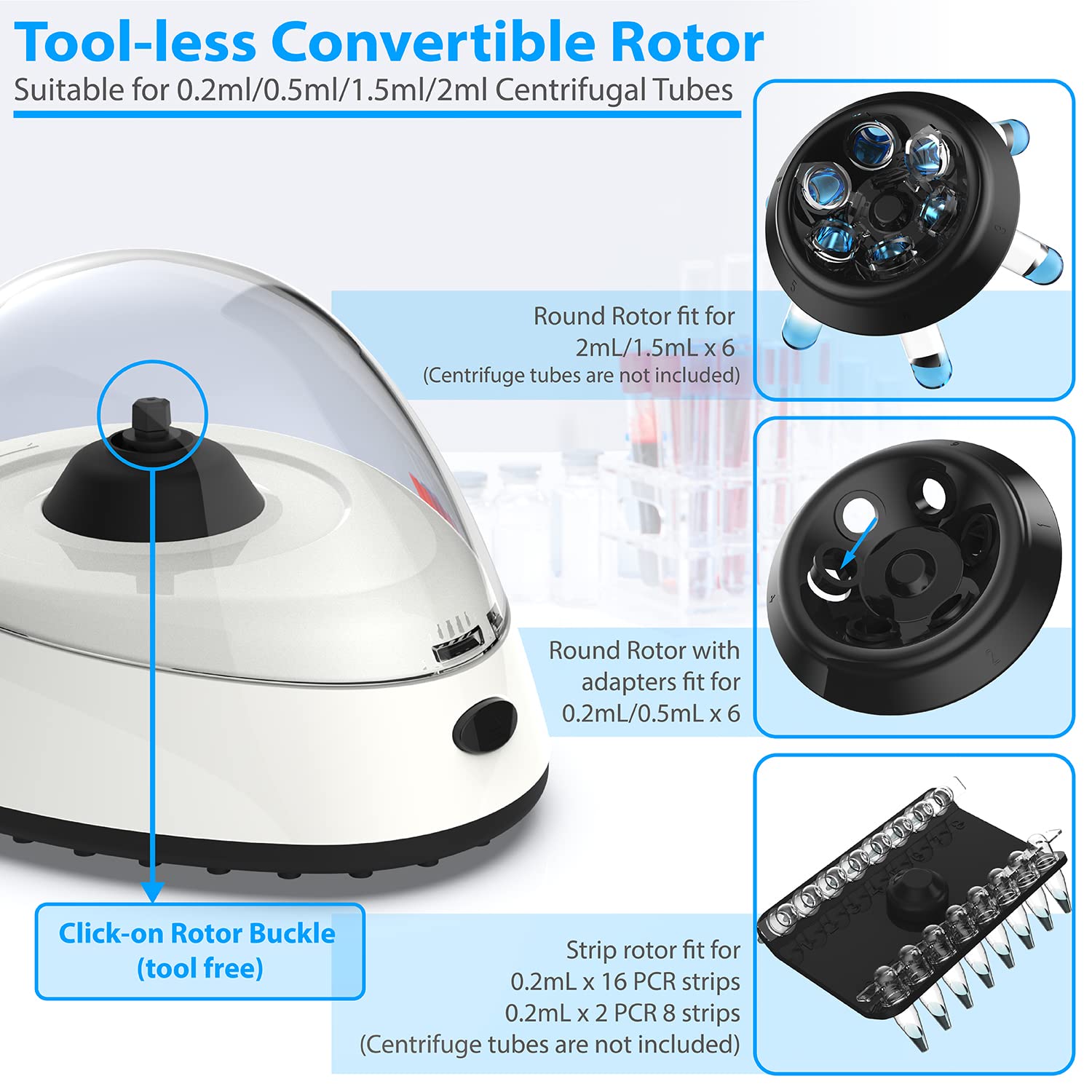 FOUR E'S SCIENTIFIC Mini Centrifuge 5400rpm, 2000 x g RCF with 2 Interchangeable Rotors for 0.2/0.5/1.5/2mL Tube Capacity - NOT for Blood Samples